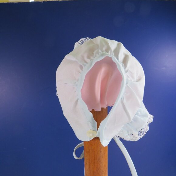 Baby Blue & White Bonnet Ruffles with semi open back & button 11" hat cap - Picture 2 of 6